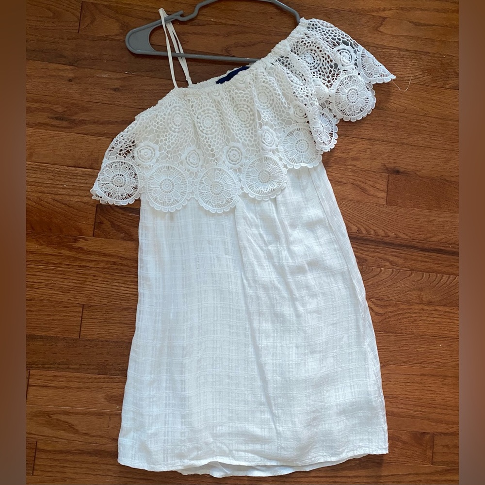 White Crochet One-Shoulder Shift Dress